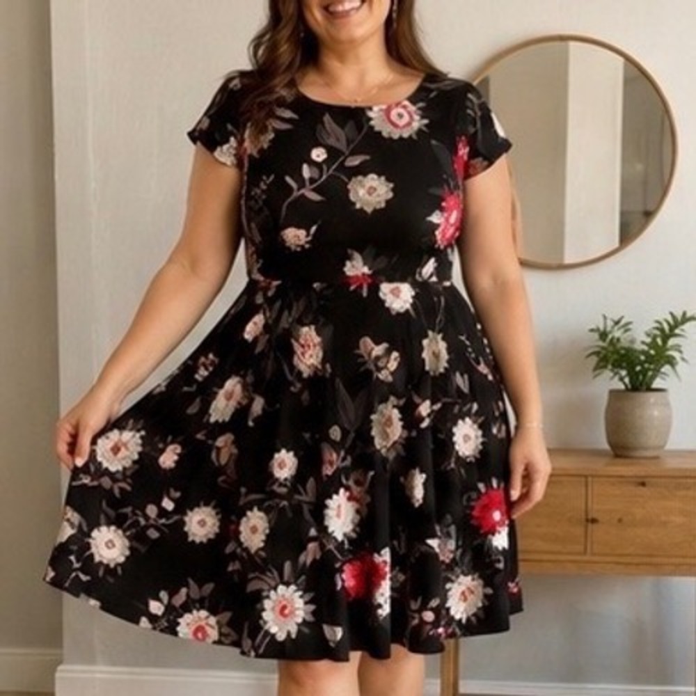 LOFT Womens Black Floral Fit and Flare Dress Short Sleeve Knit Size M